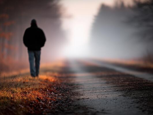 Person walking along a foggy path in the early morning light 66365261 Stock Photo at Vecteezy