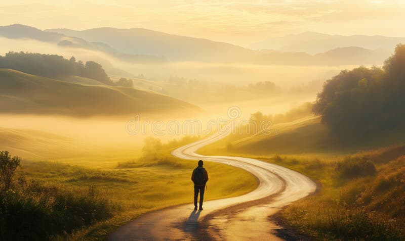 Solitary Figure Walking Misty Path Sunrise Stock Photos - Free & Royalty-Free Stock Photos from Dreamstime