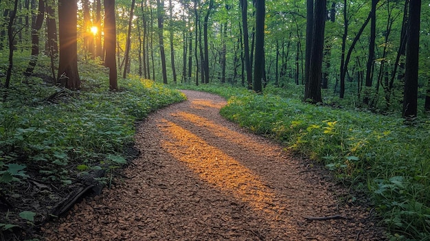 A serene photo of a quiet forest trail during a Labor Day hike with sunlight  filtering through the trees | Premium Photo