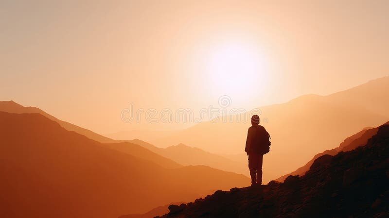 Silhouette of a Person Walking Alone in a Barren Landscape during Sunrise with a Backpack Stock Image - Image of scenery, nature: 377201447