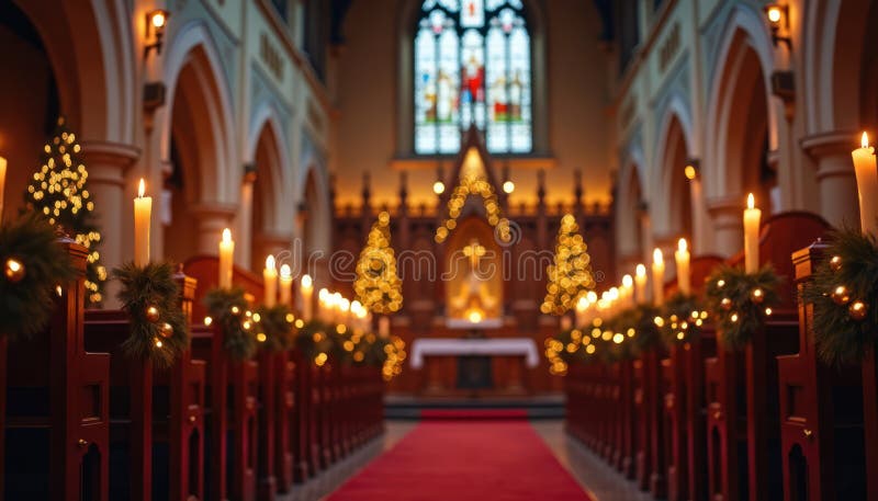 Church Interior Lit Beautifully for Christmas Eve Service. Candles Glow  Warmly. Festive Decorations Adorn Pews Stock Illustration - Illustration of  church, decorations: 349405324